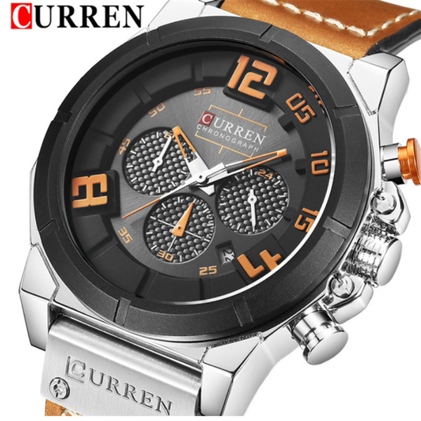 

curren men's brand business waterproof quartz watch casual fashion calendar leather watch, Slivery;brown