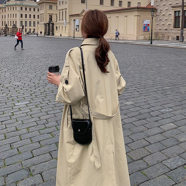 

2020 spring new windbreaker long coat for women korean style loose mid-length belt female trench coat female casacos femininos, Tan;black