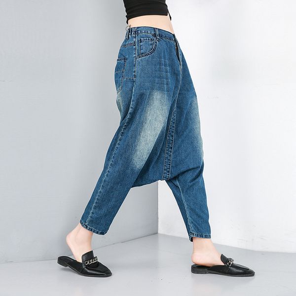 

2019 new summer fashion women high waisr elastic harent denim washed vintage jeans female loose pants a216, Blue