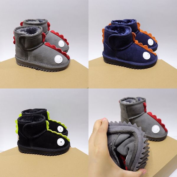 

kids designer boots girls toddler shoes chaussures enfants velcro cute funny dinosaur children' plush snow winter boots 25-34, Black;grey