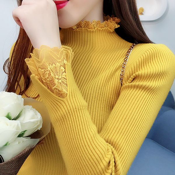 

turtleneck sweater women pullover autumn winter clothes 2019 white lace knitted sweater slim casual female jumper pull femme, White;black