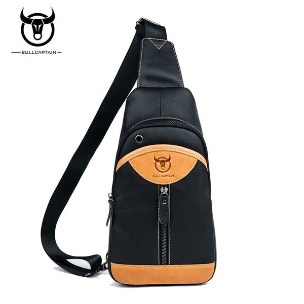 

fashion natural first layer cow leather men messengers bag brand panelled genuine leather sling chest bag with earphone hole