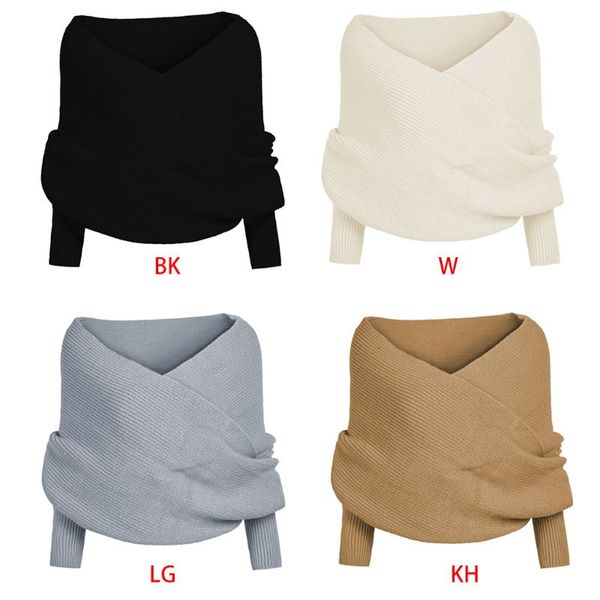 

womens v neck off shoulder sweater knitted wrap scarf cape with sleeves, Black