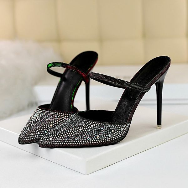 

2019 summer women 11cm high heels slides female gradient glitter bling mules slippers lady crystal scarpins sandals shoes, Black