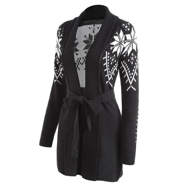 

wipalo snowflake jacquard shawl collar belted cardigan women fashion geometric knitted sweater cardigan black women outwears, White