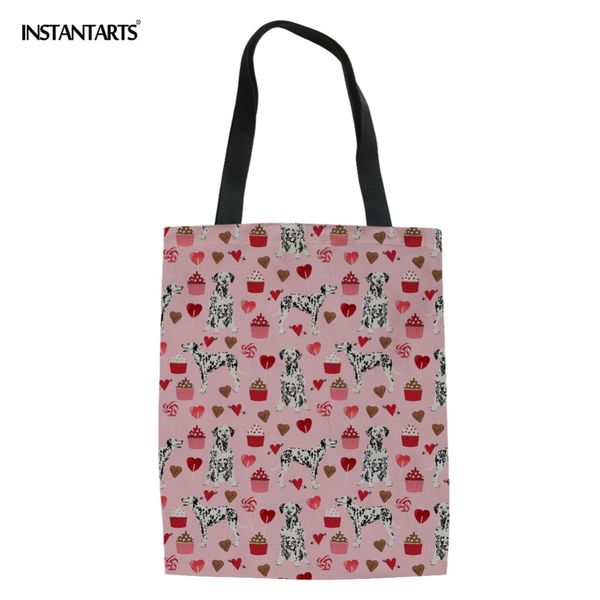 

instantarts dalmatian dog pink candy prints girls casual shopping bags canvas multi-function stylish canvas linen tote bag women