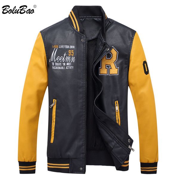 

bolubao new winter men leather jackets fashion long sleeves letter printing leather jackets windproof male pu coats, Black