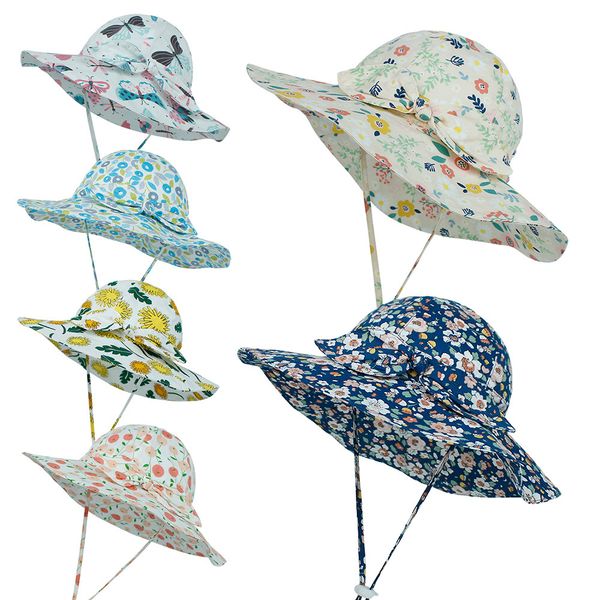 

ins baby kids sun hat helmet bow flower printed sunhats children fashion e lovely boy girl bucket wide brim hat, Yellow