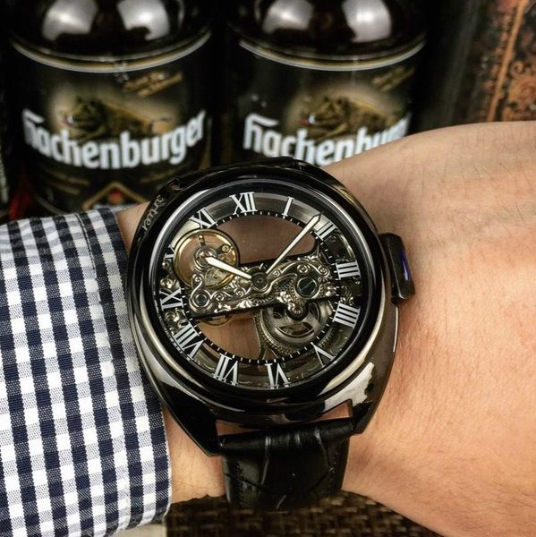 

дизайнерские часы мужские часы класса люкс автоматические часы кожаный ремень 40 * 13мм механический человек смотреть выдалбливают бесплатно, Slivery;brown