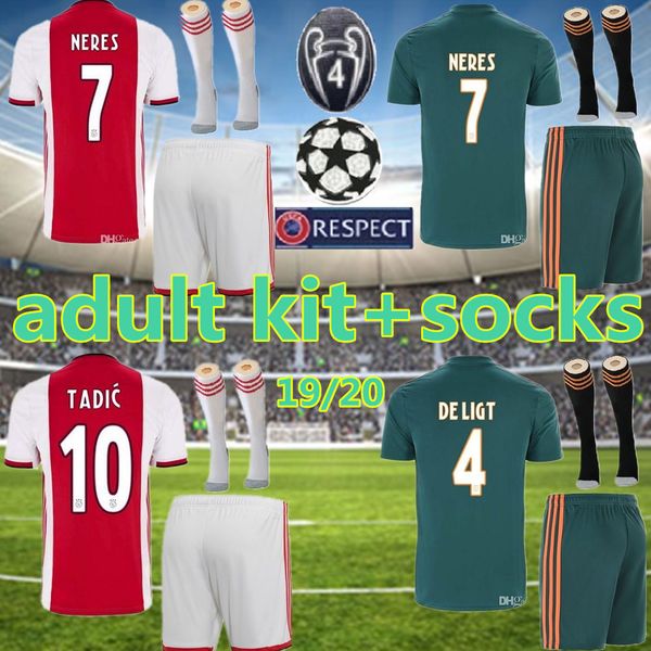 

kit + socks 2019 2020 ajax fc soccer jerseys 19 20 camisa neres ziyech tadic nouri de jong younes jersey football shirt uniform, Black