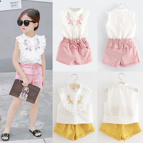 

2 colors ins kids clothes girl embroidered sleeveless shirt + shorts 2pcs set kids designer clothes girls children clothing dhl jy285, White