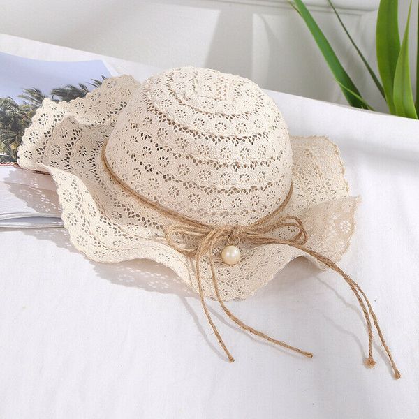 

summer baby kids lace wave beach bucket hat children cap pearl foldable sun hat, Yellow