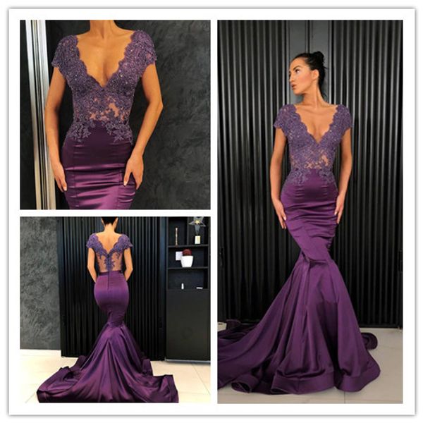 

purple stretch satin mermaid v neck long prom dresses lebanon 2019 lace applique elegant evening formal dresses with beads, Black