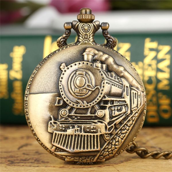 Vintage bronze trem frente locomotiva motor ferroviário relógio de bolso de quartzo steampunk pingente corrente das mulheres dos homens gift316b