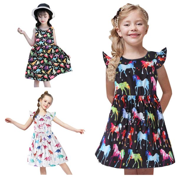 

новая мода платье малышей детские девушки мультфильм динозавр unicorn печати платье весна лето комфортное платья принцесс наряды одежды 2020, Red;yellow