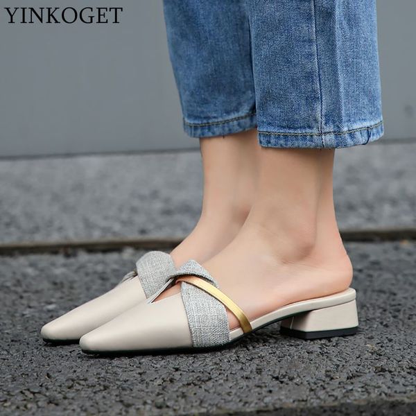 

yinkoget genuine leather mixed colors low-heeled office ladies shoes summer women slipper comfortable women sandals, Black