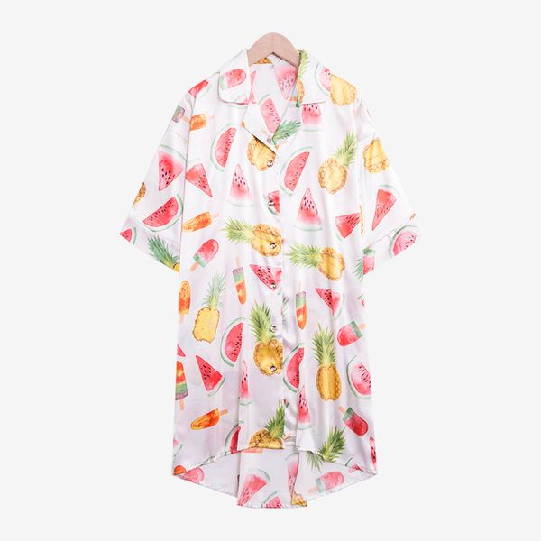 

short sleeve sleep shirt ladies silk nightgowns watermelon print korean fashion female summer cute pajamas sleepwear home wear, Black;red