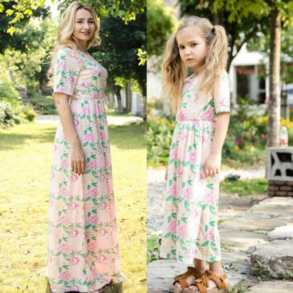 

мода мать и дочь boho одежда родитель-ребенок с коротким рукавом цветок лето длинное платье семья соответствующие наряды, Black;gray