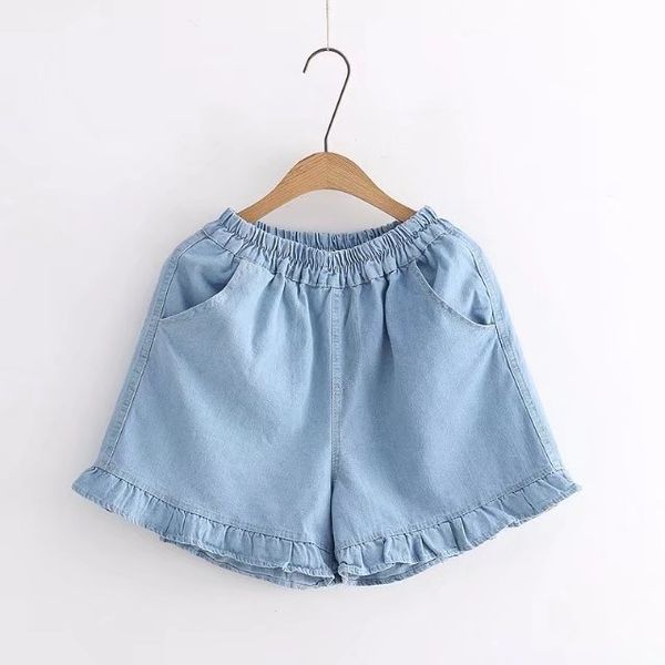 

10424 весна и лето новый стиль эластичный пояс с высокой талией сыпучие вскользь lace сплошной цвет denim шорты студентки, Blue