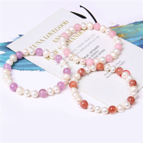 

natural freshwater real white pearls bracelet red sunstone round beads bangles for women girls lovers girlfriends jewelry gifts, Black