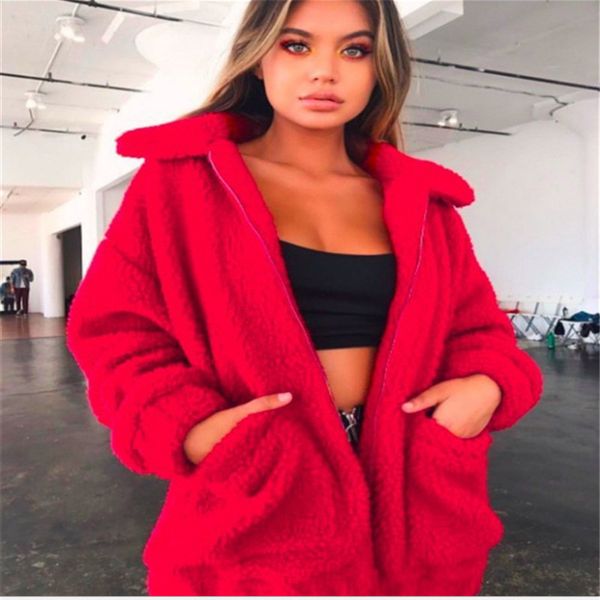 

plus size fleece faux shearling fur jacket coat women autumn winter plush warm thick teddy coat female casual overcoat, Black
