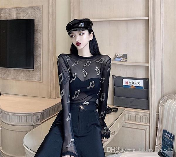 

womens designer tshirts see through blouses note print long sleeve crew neck suumer female clothing, White