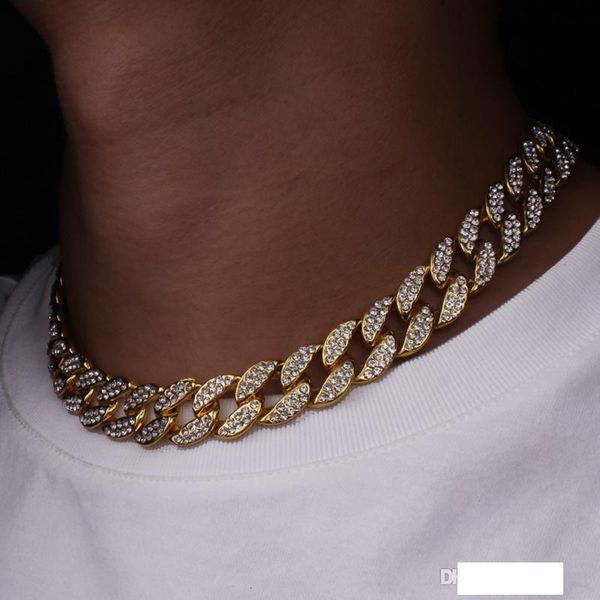 

16 diamonds miami curb cuban chain necklace for men golden silver hip hop iced out paved rhinestones cz rapper necklace man jewelry
