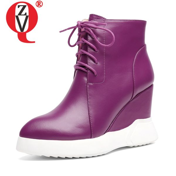 

zvq leather wedge ankle boots fashion woman autumn winter booties purple black genuine cow leather 8cm high heels women's shoes