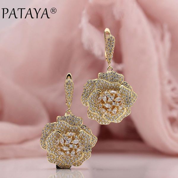 

pataya new trendy 585 rose gold extreme luxury micro-wax inlay natural zircon flowers drop earrings women wedding party jewelry, Silver