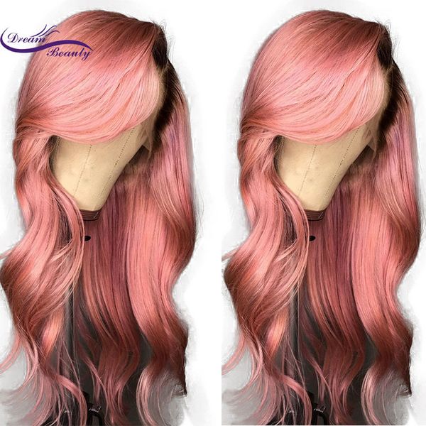 Seitenteil natürliche lange Körperwelle 360 Spitze Perücke mit Pony schwarzen Wurzeln Ombre rosa synthetische Spitze vorne Perücke für Frauen Cosplay