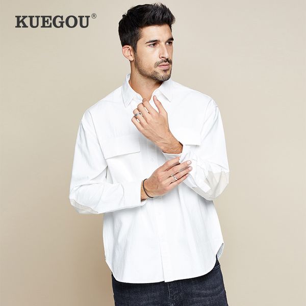 

kuegou 2019 autumn 100% cotton embroidery white shirt men dress casual slim fit long sleeve for male fashion brand blouse 6960, White;black