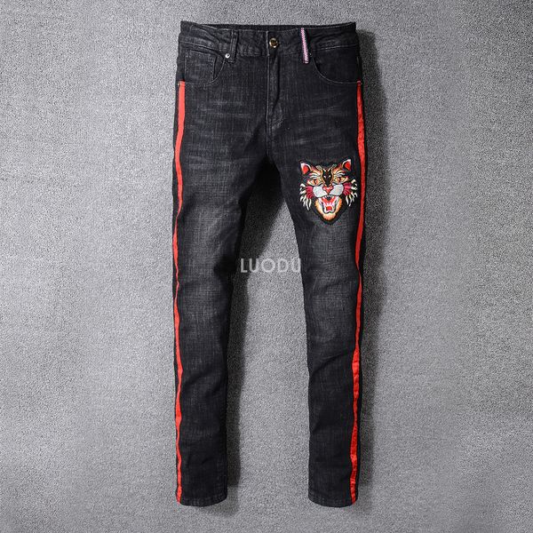

New Italy Style #3302# Men's Distressed Tiger Embroidered Pants Red Side Stripe Black Skinny Jeans Slim Trousers Size 29-40