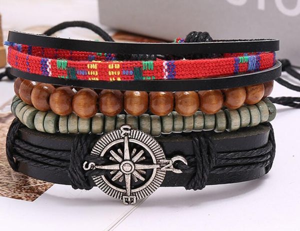 

men's bracelet 100% genuine leather bracelet ship's anchor beading hemp rope combination suit adjustable bracelet 4styles/1set, Black