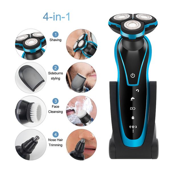 

4 in 1 men shaver electric beard barber hair trimmer electric razor floating washable shaving machine rechargeable silver and blue