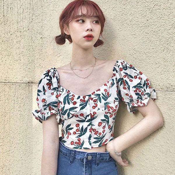 

women short sleeve blouse print square collar blouse pullover stylish fashion lady shirt, White