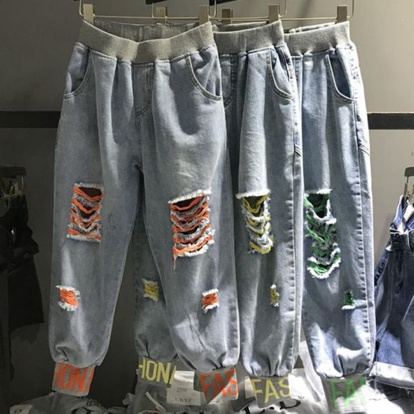 

2019 summer new elastic high waist casual jeans women loose hole ankel length harem pants, Blue