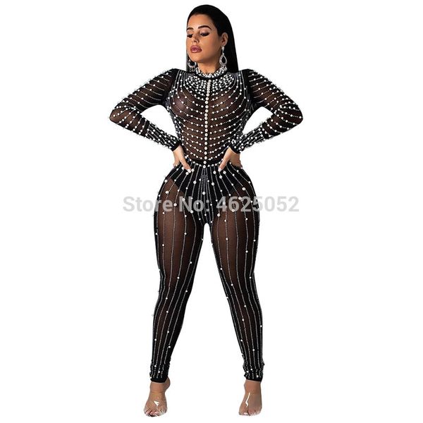 

beading spliced bandage jumpsuit women perspective mesh club long bodysuit autumn showy party skinny overall q197, Black;white