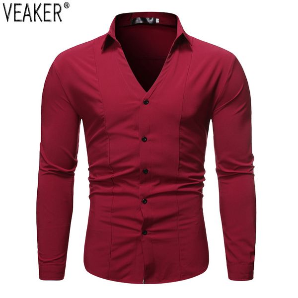 

mannen slim fit v hals shirt mannelijke rood wit zwart lange mouwen party shirt mannen casual business s-2xl, White;black