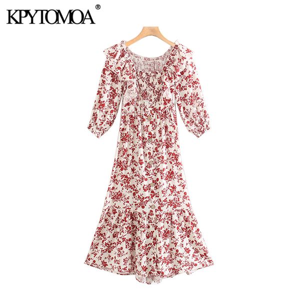 

kpytomoa women 2020 chic fashion floral print smocked ruffled midi dress vintage square collar short sleeve female dresses mujer, Black;gray