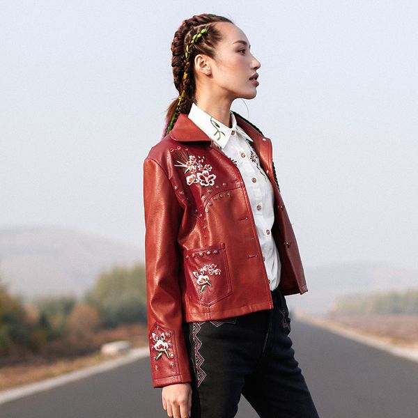 

autumn winter women vintage casual loose brown pu leather motorcycle jacket ladies retro embroidery rivets short coat outerwear, Black