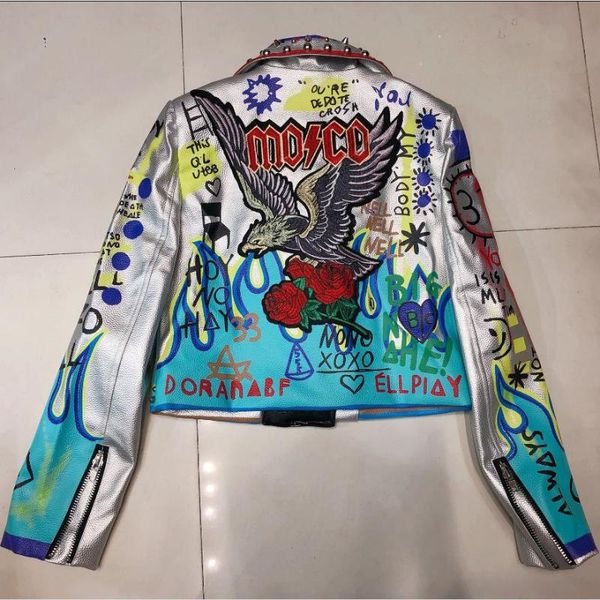 

women's leather & faux autumn spring graffiti beading women pu jacket punk style motorcyle embrodiery jackets coats streetwear f803, Black
