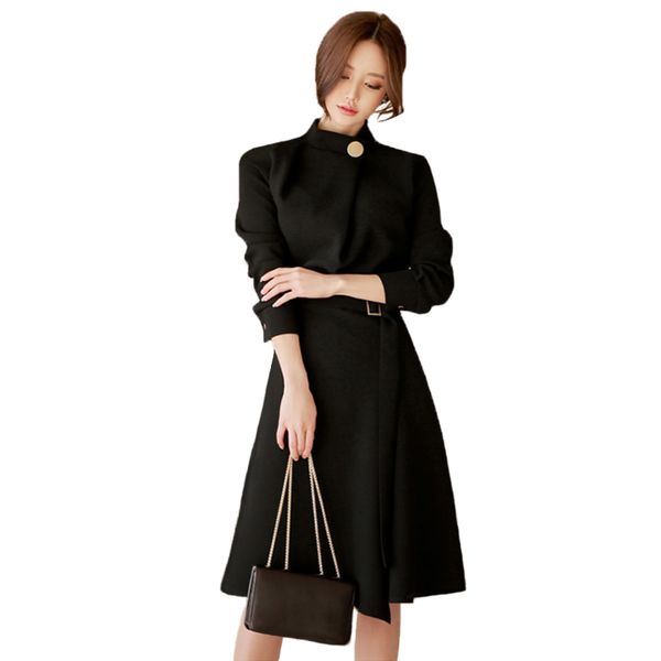 

casual dresses cinessd a line for women long sleeve stand black female formal loose holiday midi office party guest dress, Black;gray