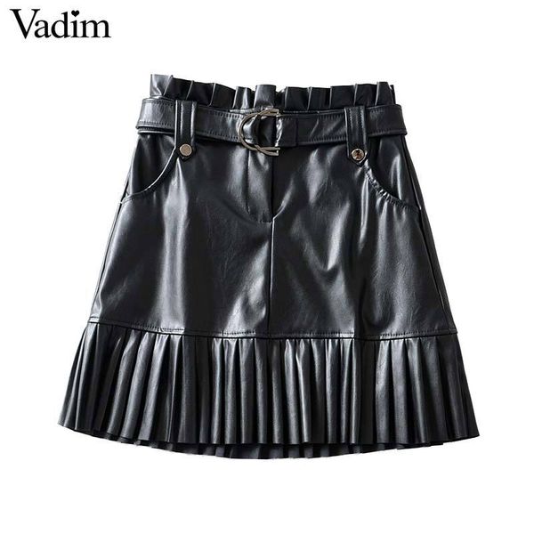 

vadim women chic pu leather mini skirt bow tie belt pockets pleated paperbag waist black casual fashion basic skirt ba793