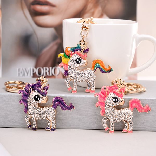 

unicorn design keychains bag holder luxury crystal rhinestone women girls metal key chain rings jewelry for car animal pendant charm keyring, Slivery;golden