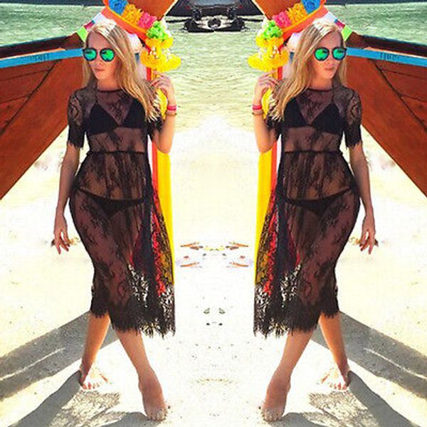 

2019 new women dresses lace see through sheer tunic dress clubwear back open split stitching mini dress, Black;gray