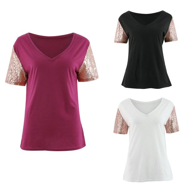 

women's clothing autumn summer shirt v-neck features sequins stitching short-sleeved shirt, White