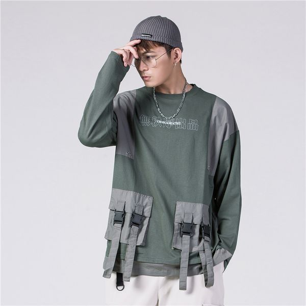 

autumn 2019 new hip hop solid buckle pocket sweatshirt, Black