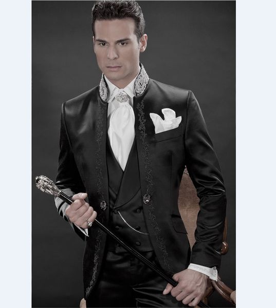 

classic embroidery tuxedos groom wedding men suits mens wedding suits tuxedo costumes de smoking pour hommes men(jacket+pants+tie+vest) 198, Black;gray