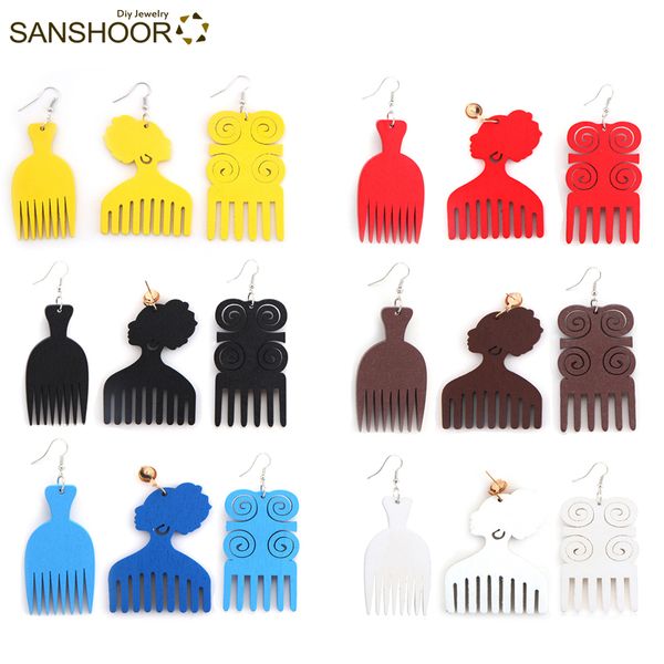 

sanshoor wholesale mixed afro comb wood drop earrings african ethnic woman head earrings jewelry 18pairs, Silver