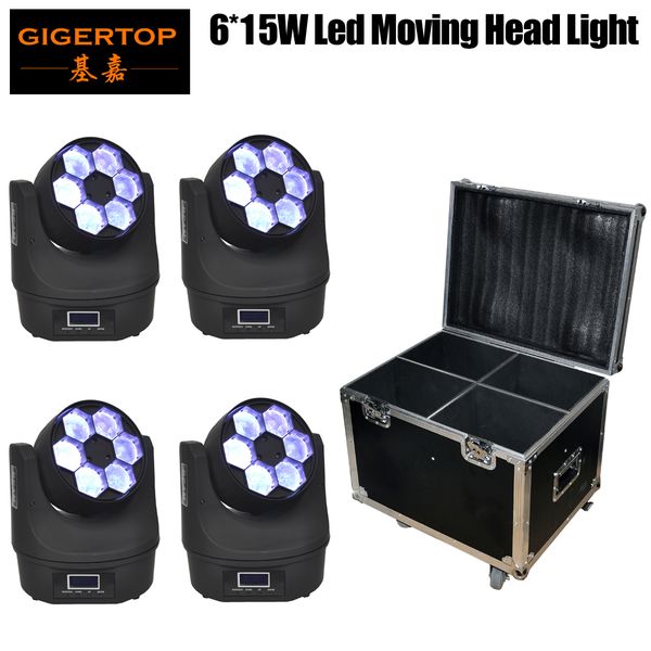 

Flightcase 4XLot Малый Би глаза водить Moving Head Light 6 * 15W O-S-R-A-M RGBW 4в1 цветосмесительного Mini LED Moving Light Beam Tiptop